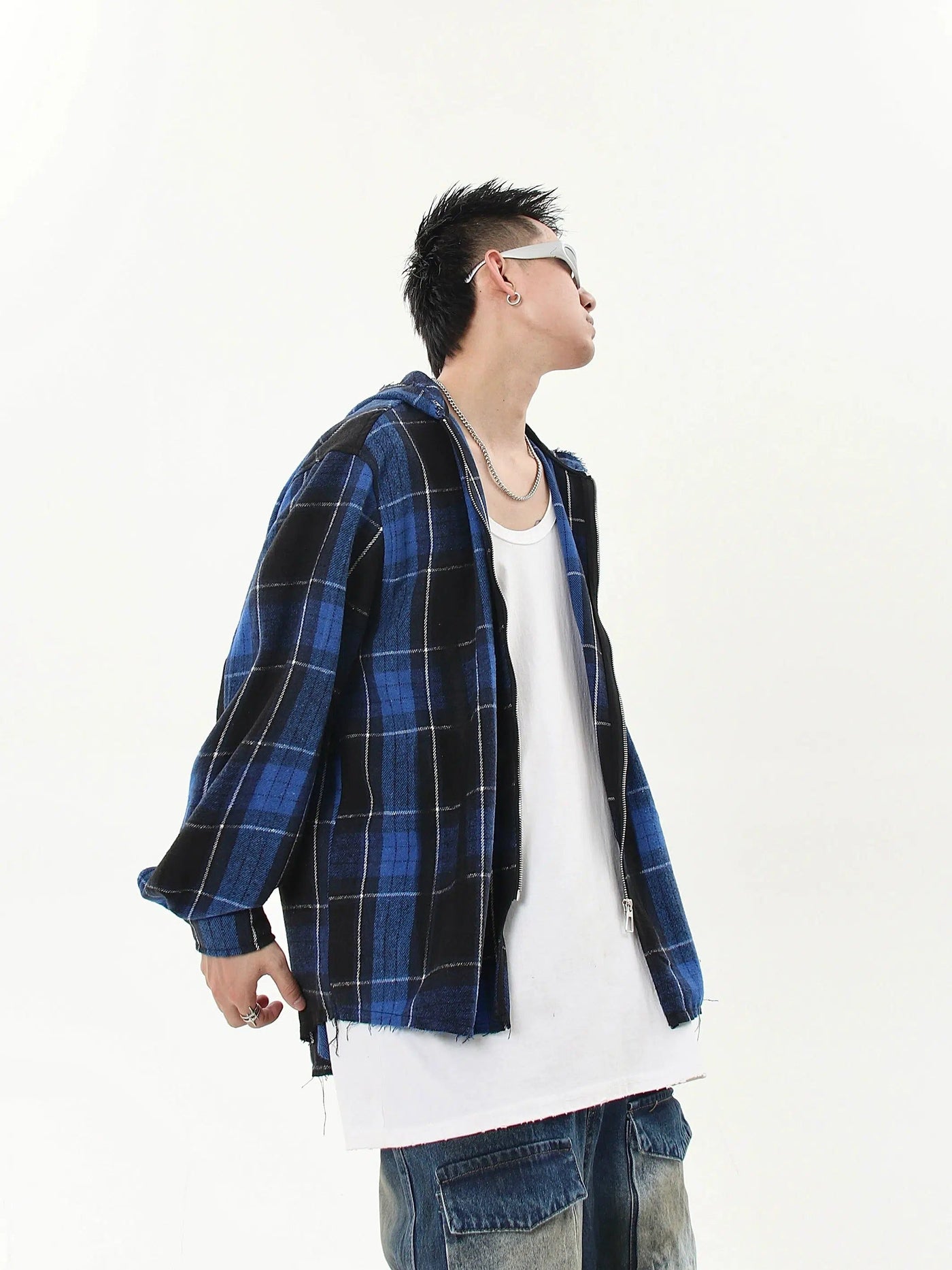 Logo Plaid Raw Edge Zip-Up Hoodie Korean Street Fashion Hoodie By Blacklists Shop Online at OH Vault