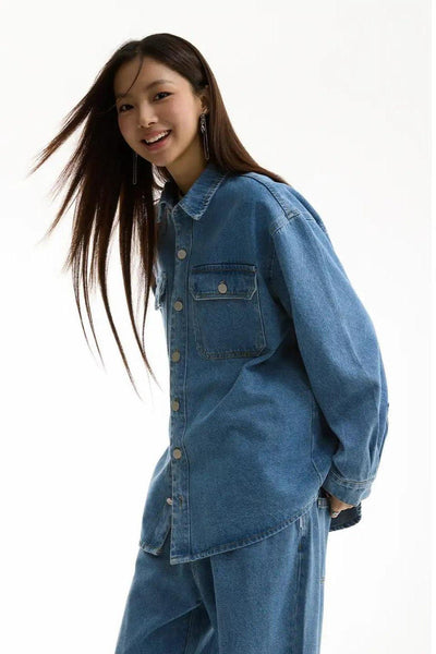 Washed Front Pockets Denim Shirt Korean Street Fashion Shirt By Funky Fun Shop Online at OH Vault