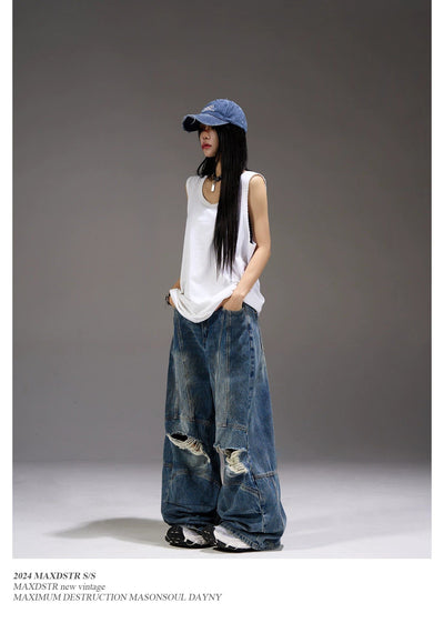 Heavy Ripped Flared Jeans Korean Street Fashion Jeans By MaxDstr Shop Online at OH Vault