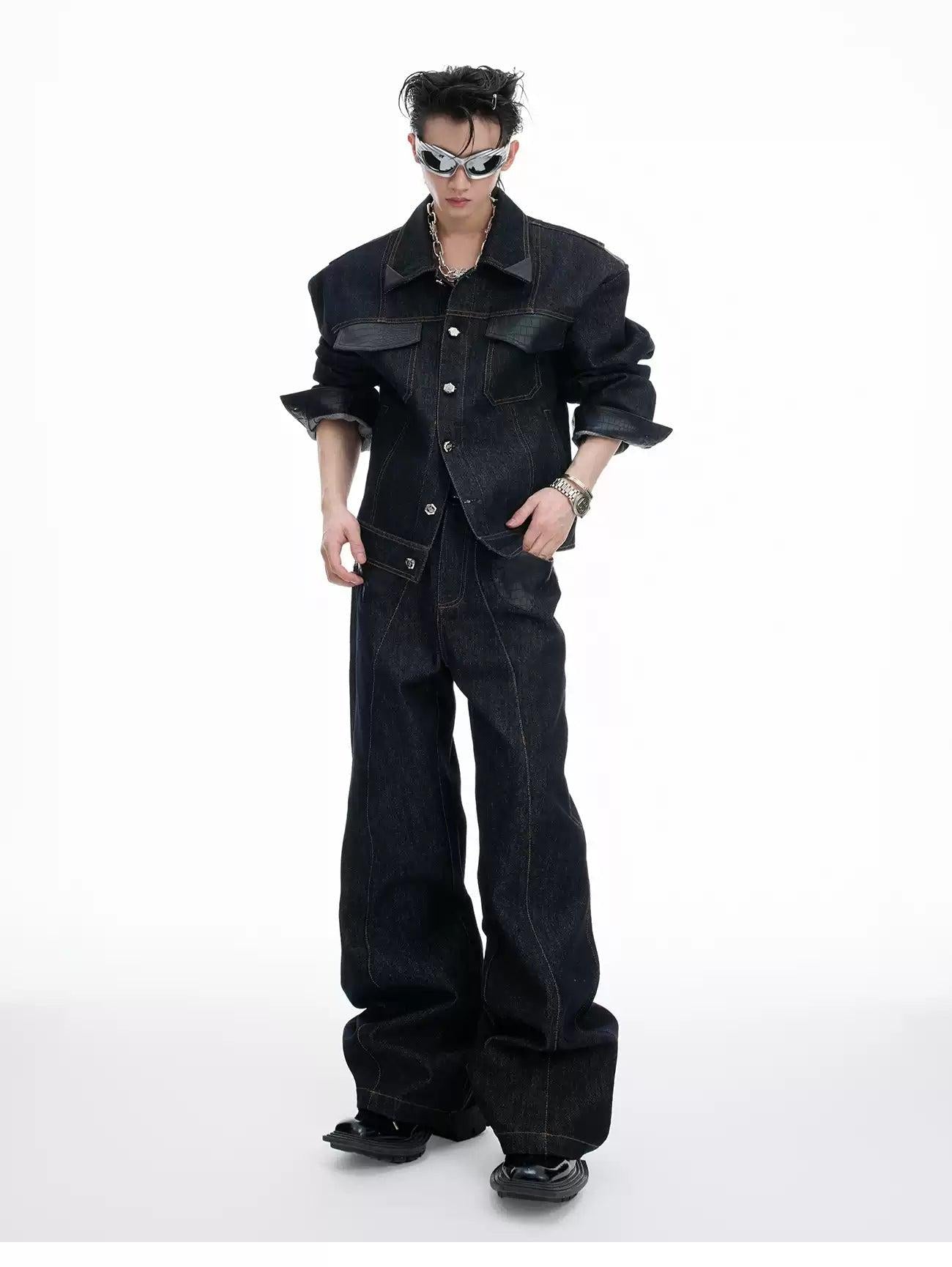 Spliced PU Leather Denim Jacket & Contrast Seamed Jeans Set Korean Street Fashion Clothing Set By Argue Culture Shop Online at OH Vault
