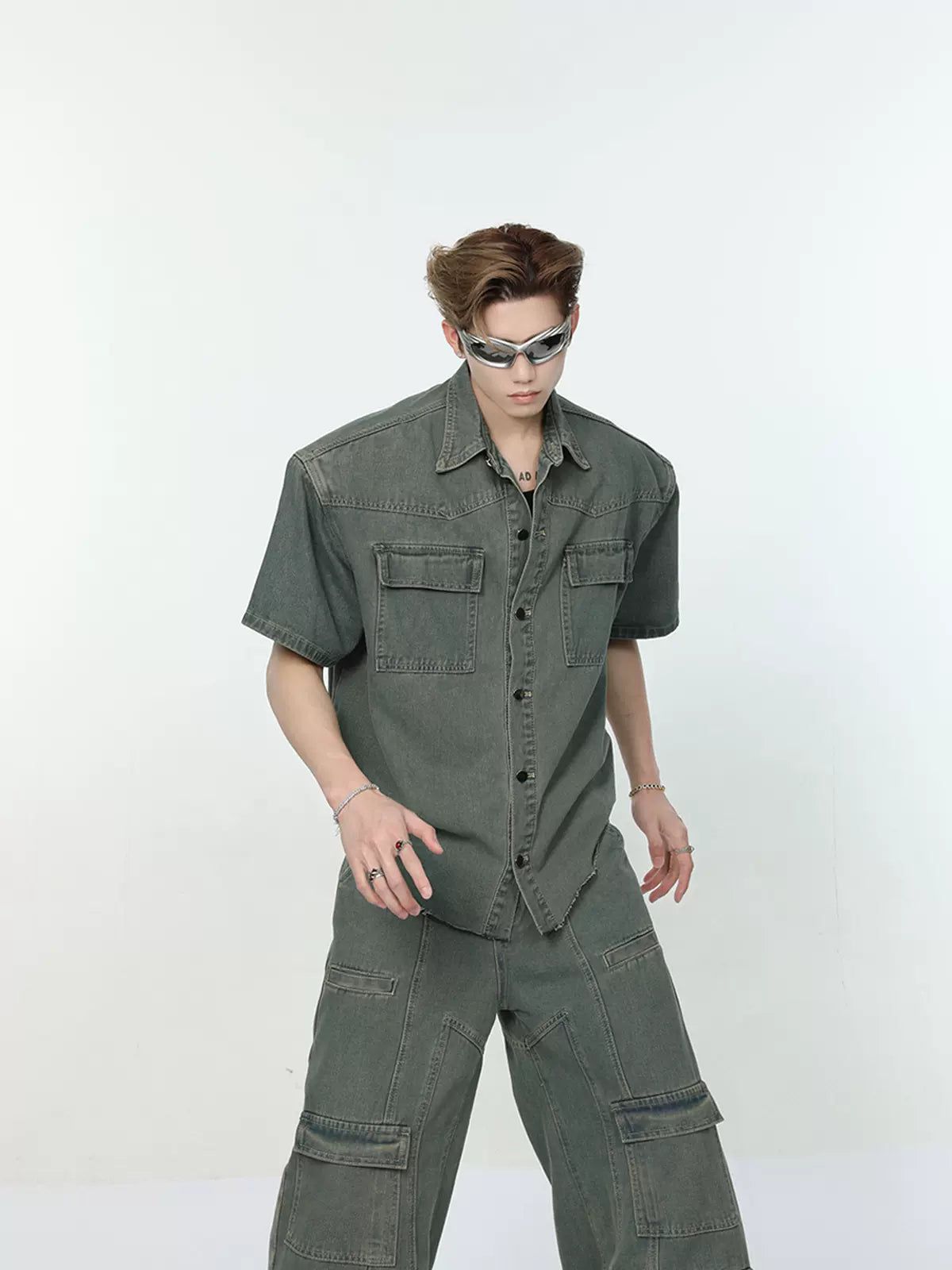 Raw Ends Denim Shirt & Jeans Set Korean Street Fashion Clothing Set By Turn Tide Shop Online at OH Vault