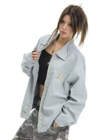 Embroidered Ribbon Zipped Jacket Korean Street Fashion Jacket By INS Korea Shop Online at OH Vault