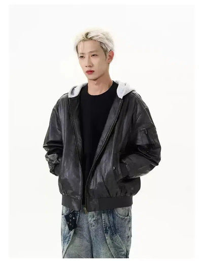 Clean Fit Contrast Hooded PU Leather Jacket Korean Street Fashion Jacket By A PUEE Shop Online at OH Vault