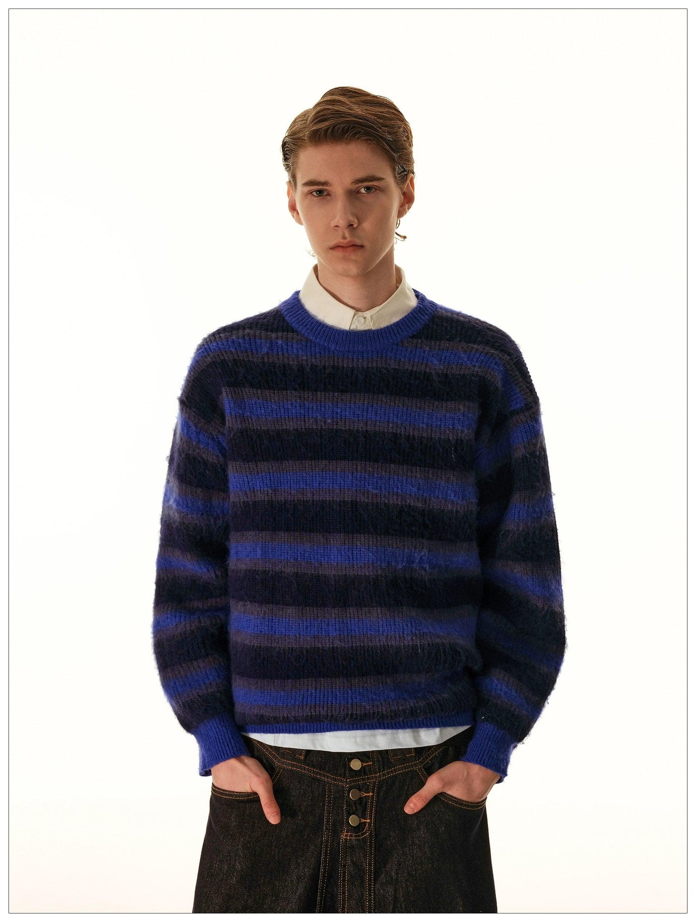 Retro Stripes Fuzzy Sweater Korean Street Fashion Sweater By Mr Nearly Shop Online at OH Vault