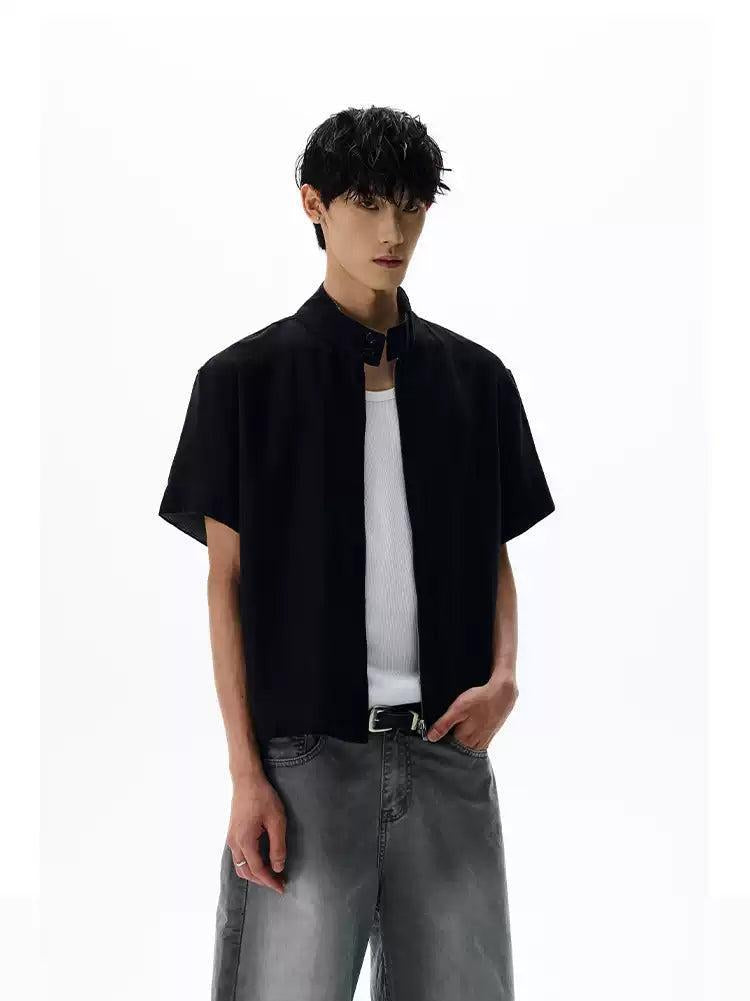 Stand Collar Boxy Zipped Shirt Korean Street Fashion Shirt By A PUEE Shop Online at OH Vault