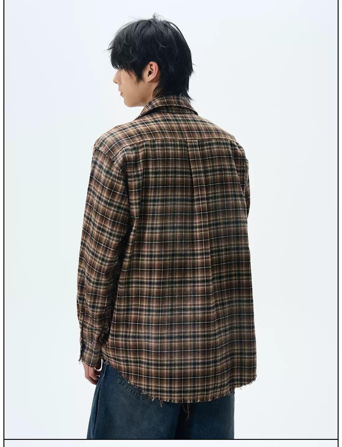 Ripped Raw Hem Plaid Shirt Korean Street Fashion Shirt By 77Flight Shop Online at OH Vault