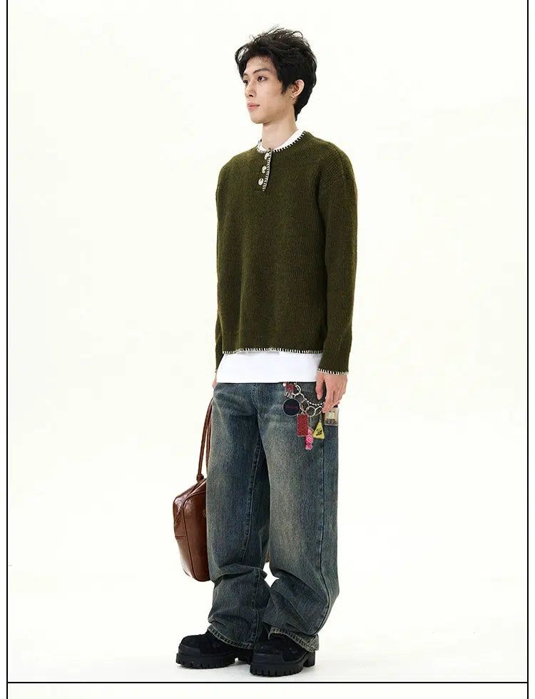 Stitched Buttons Cozy Fit Sweater Korean Street Fashion Sweater By 77Flight Shop Online at OH Vault