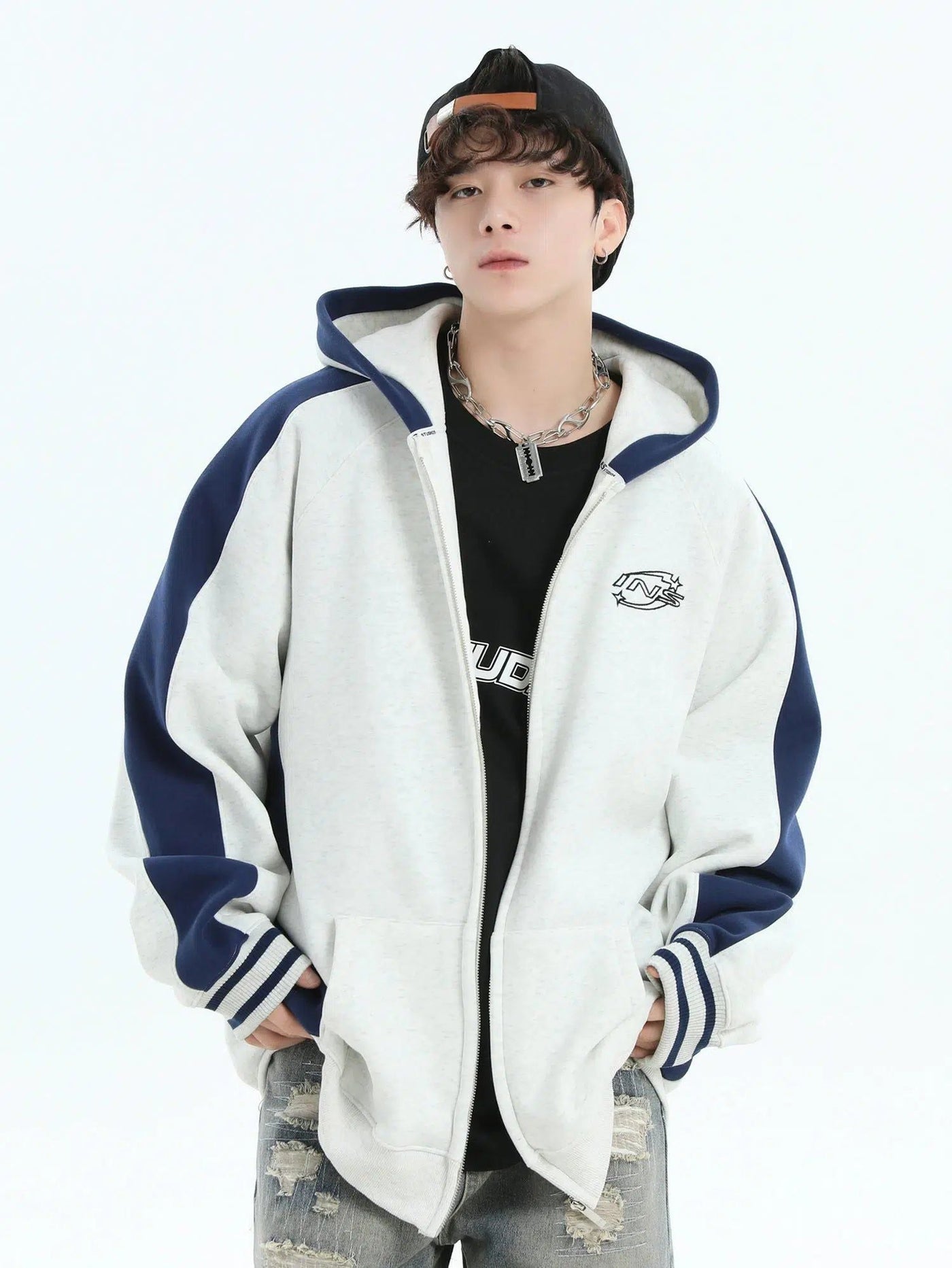 Contrast Logo Patched Zip-Up Hoodie Korean Street Fashion Hoodie By INS Korea Shop Online at OH Vault