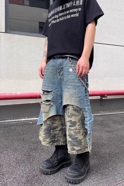 Camouflage Layer Ripped Denim Shorts Korean Street Fashion Shorts By Dark Fog Shop Online at OH Vault