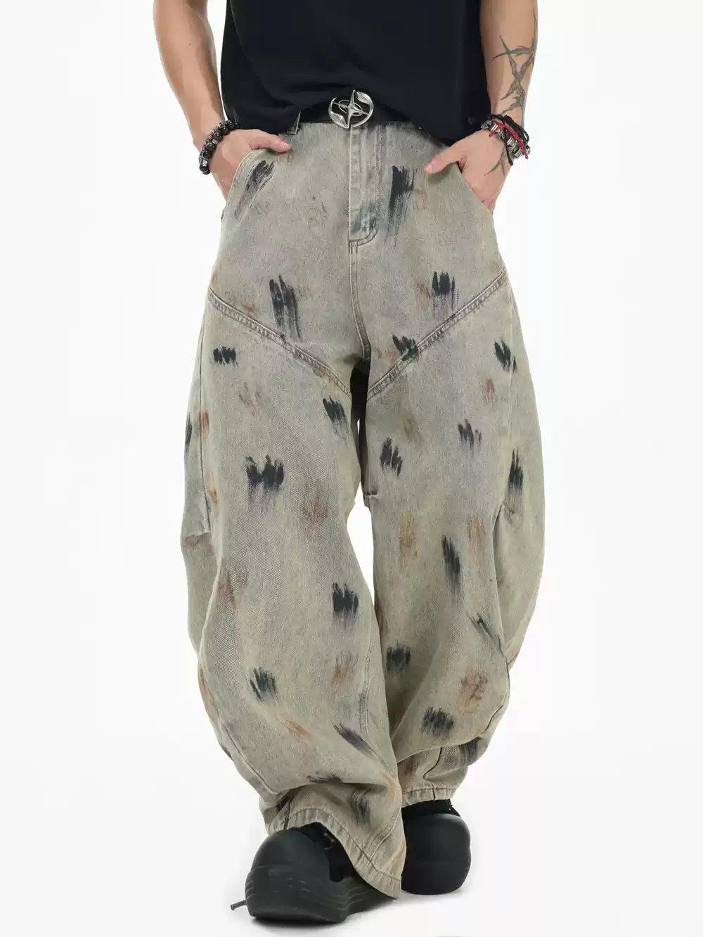 Structured Paint Smudged Barrel Jeans Korean Street Fashion Jeans By INS Korea Shop Online at OH Vault