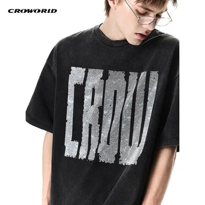 Shiny Logo Washed T-Shirt Korean Street Fashion T-Shirt By Cro World Shop Online at OH Vault