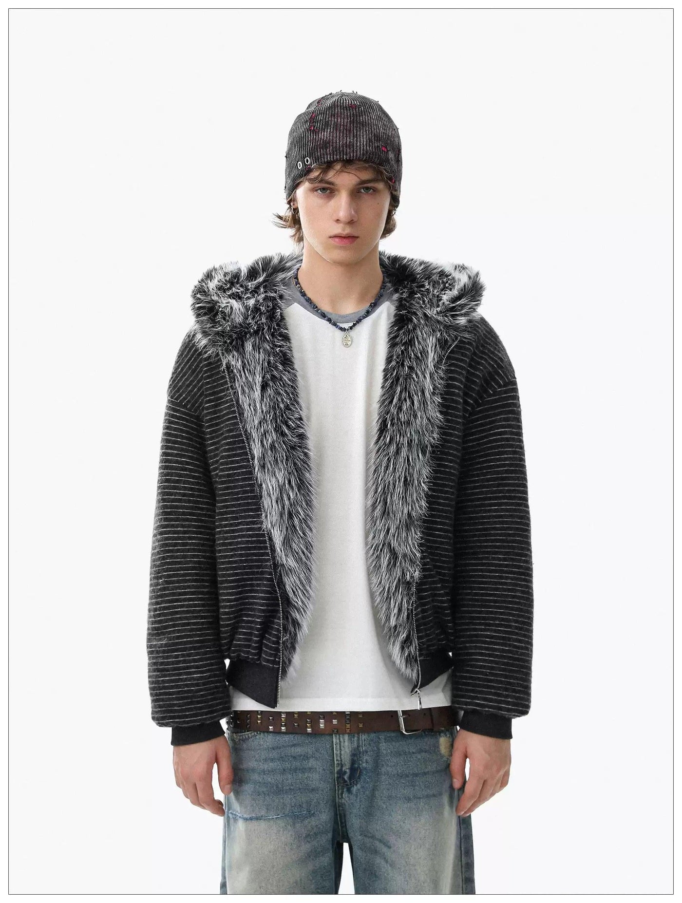 Teddy Bear Fur-Trimmed Stripes Jacket Korean Street Fashion Jacket By Mr Nearly Shop Online at OH Vault