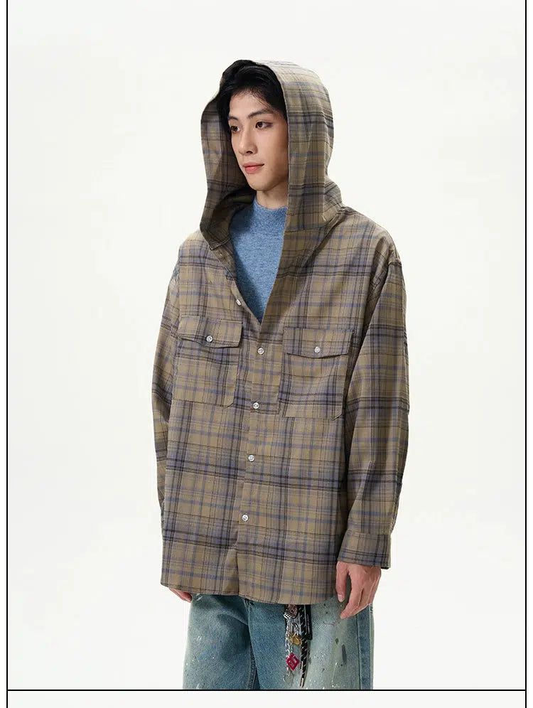 Plaid Buttons Hooded Shirt Korean Street Fashion Shirt By 77Flight Shop Online at OH Vault