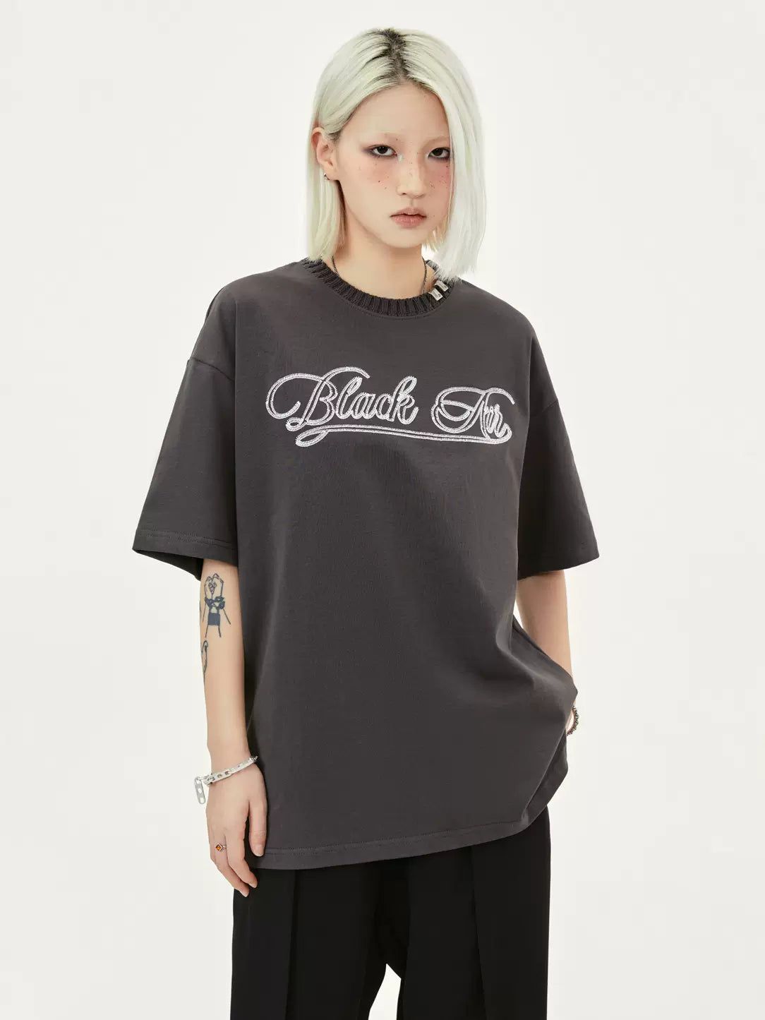 Embroidered Ribbed Collarband T-Shirt Korean Street Fashion T-Shirt By Made Extreme Shop Online at OH Vault