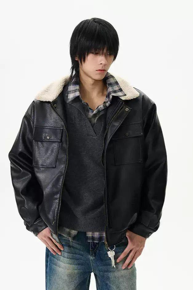 Buttoned Pockets PU Leather Jacket Korean Street Fashion Jacket By 77Flight Shop Online at OH Vault