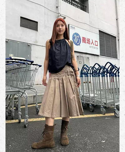 Strapped & Pleated Midi Skirt Korean Street Fashion Skirt By Made Extreme Shop Online at OH Vault