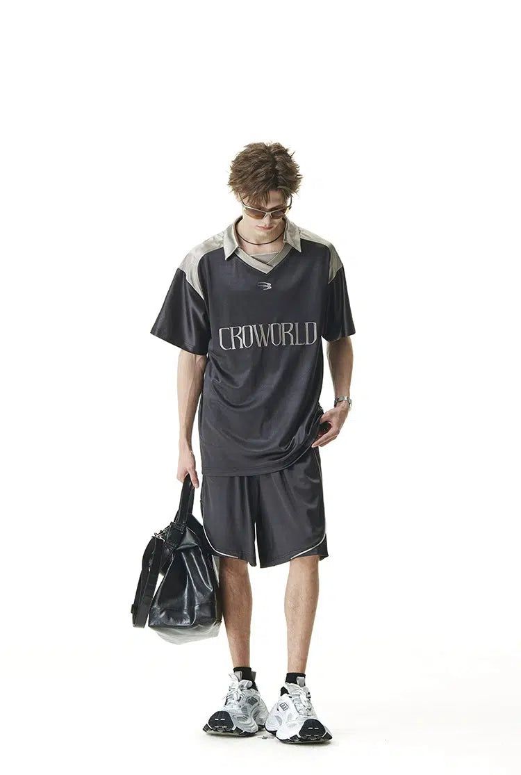 Logo Lapel Stitched Jersey T-Shirt & Shorts Set Korean Street Fashion Clothing Set By Cro World Shop Online at OH Vault