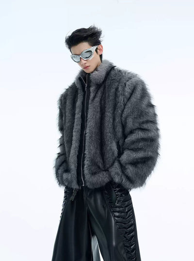 Spliced PU Leather Furry Jacket Korean Street Fashion Jacket By Argue Culture Shop Online at OH Vault