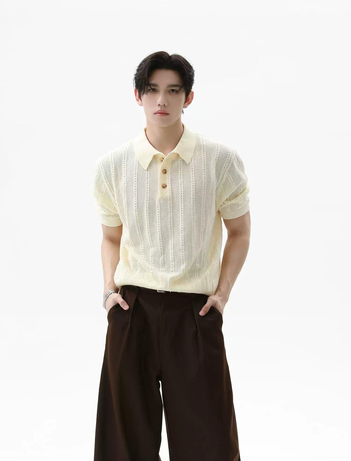 Hollow Textured Knit Polo Korean Street Fashion Polo By Turn Tide Shop Online at OH Vault
