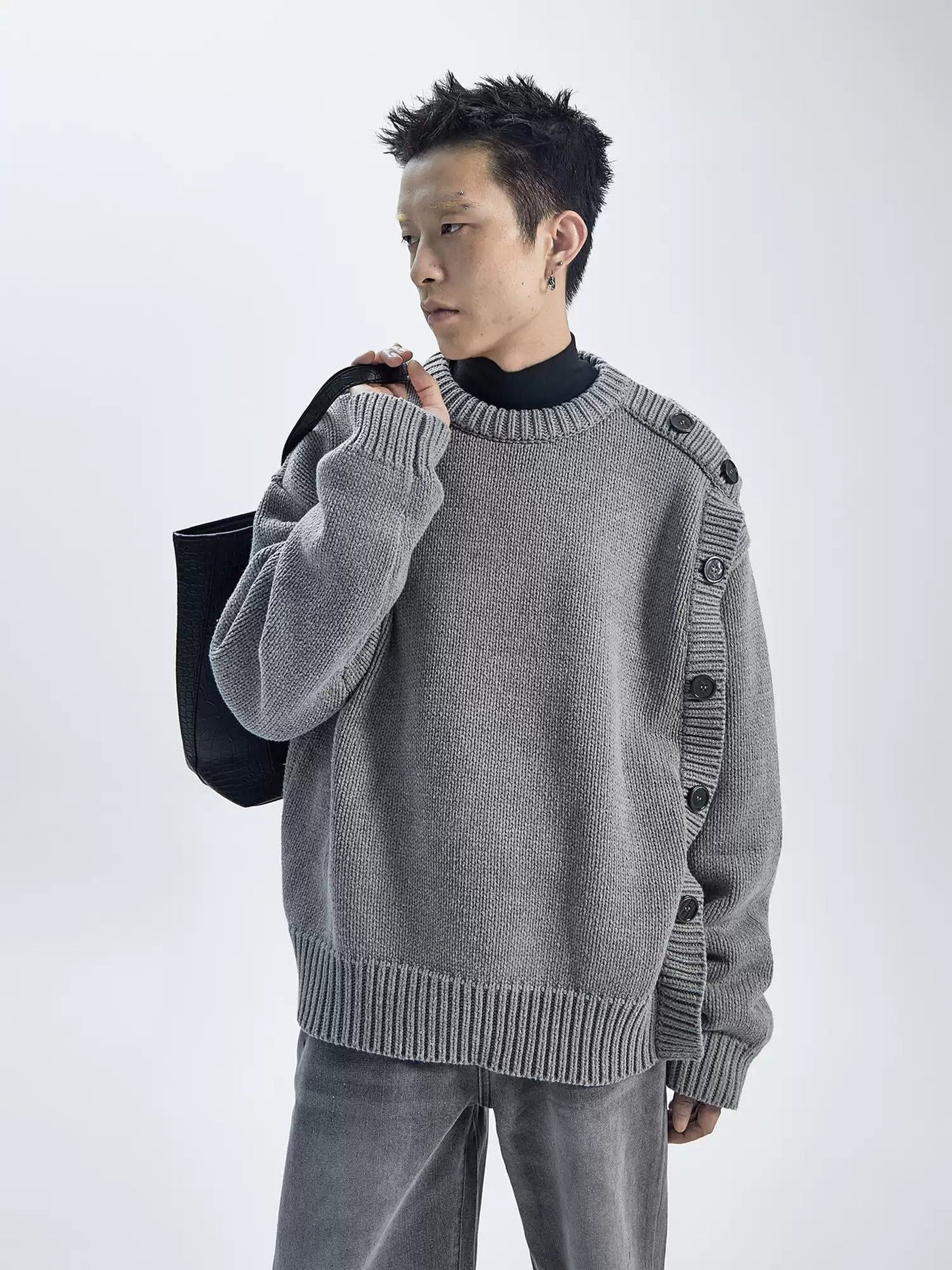 Side Buttons Round Neck Sweater Korean Street Fashion Sweater By Ash Dark Shop Online at OH Vault