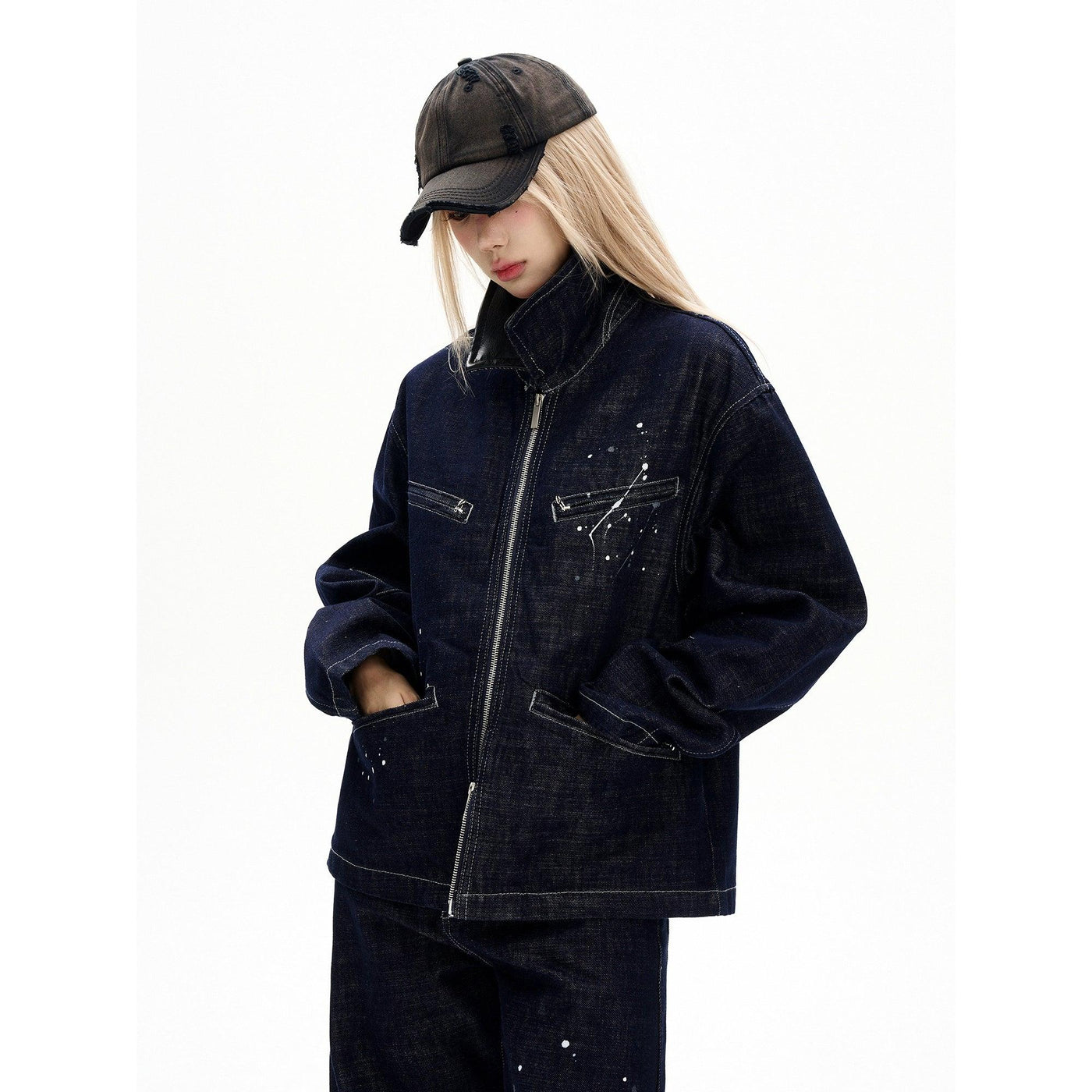 Paint Splash Leather Collar Denim Jacket Korean Street Fashion Jacket By MaxDstr Shop Online at OH Vault