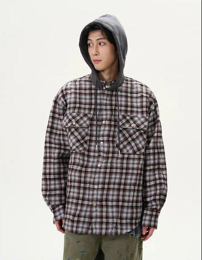 Plaid Drawstring Hooded Outer Shirt Korean Street Fashion Shirt By 77Flight Shop Online at OH Vault