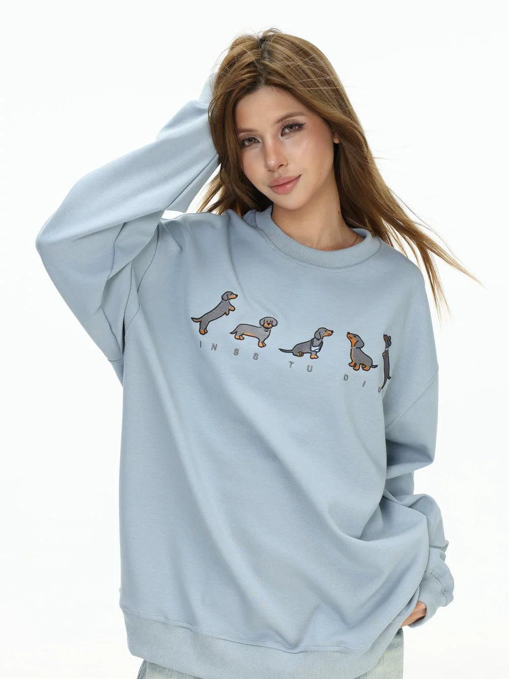 Dachshund Embroidery Crewneck Korean Street Fashion Crewneck By INS Korea Shop Online at OH Vault