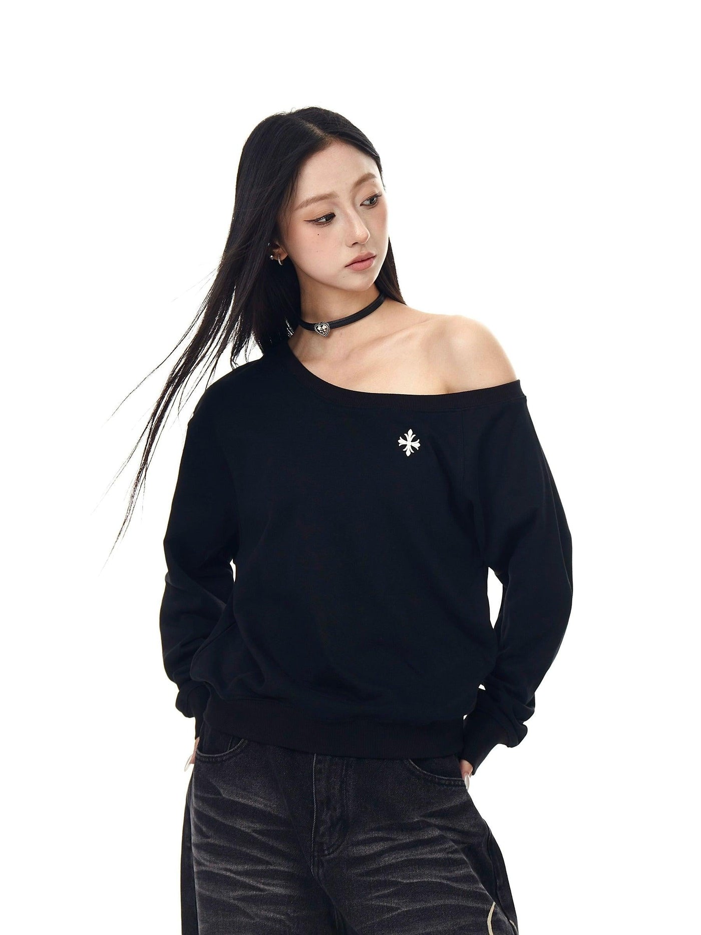 Cross Print Off Shoulder T-Shirt Korean Street Fashion T-Shirt By Blacklists Shop Online at OH Vault