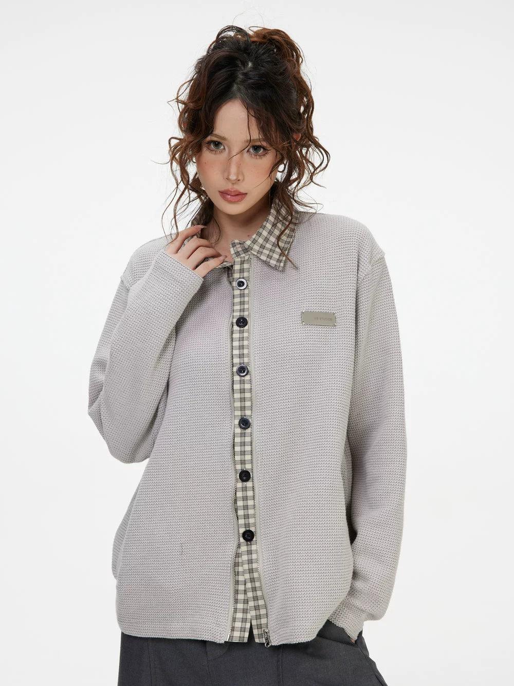 Plaid Spliced Waffle Knit Shirt Korean Street Fashion Shirt By INS Korea Shop Online at OH Vault