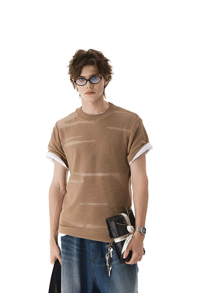 Distressed Lines Knit T-Shirt Korean Street Fashion T-Shirt By Cro World Shop Online at OH Vault
