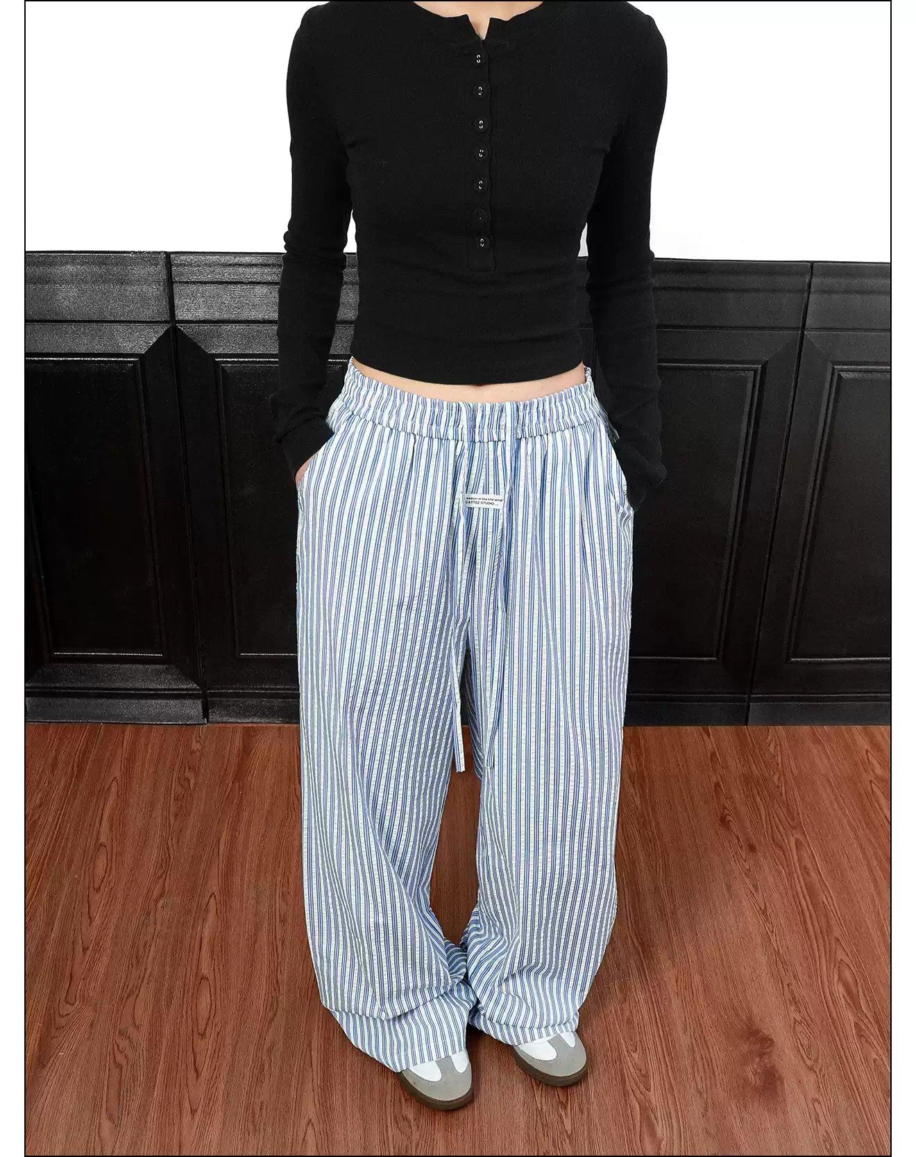 Casual Vertical Stripes Wide Pants Korean Street Fashion Pants By Mr Nearly Shop Online at OH Vault