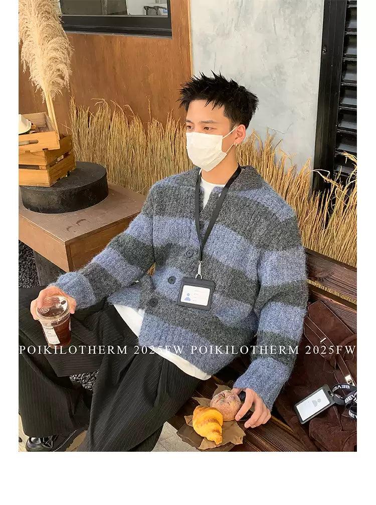 Fuzzy Knit Striped Cardigan Korean Street Fashion Cardigan By Poikilotherm Shop Online at OH Vault