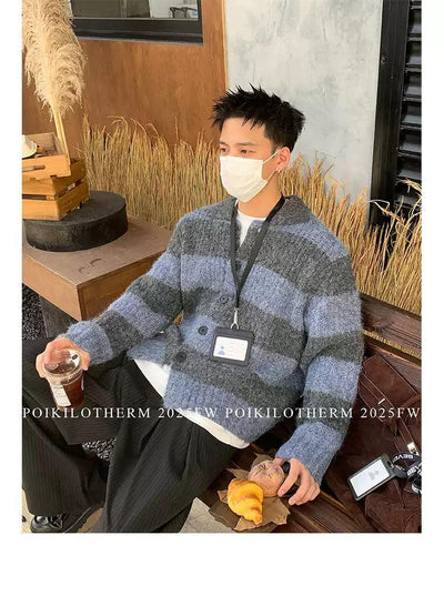 Fuzzy Knit Striped Cardigan Korean Street Fashion Cardigan By Poikilotherm Shop Online at OH Vault