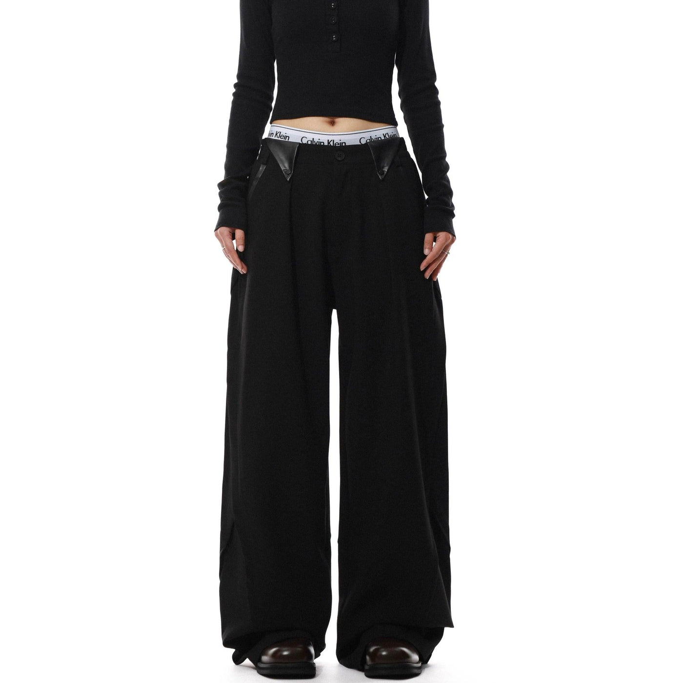 PU Leather Detail Straight Pants Korean Street Fashion Pants By Mr Nearly Shop Online at OH Vault