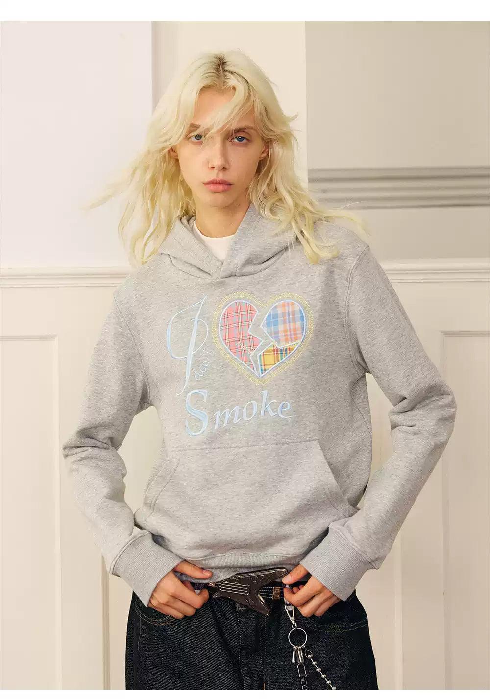 Broken Heart Plaid Patched Hoodie Korean Street Fashion Hoodie By Donsmoke Shop Online at OH Vault