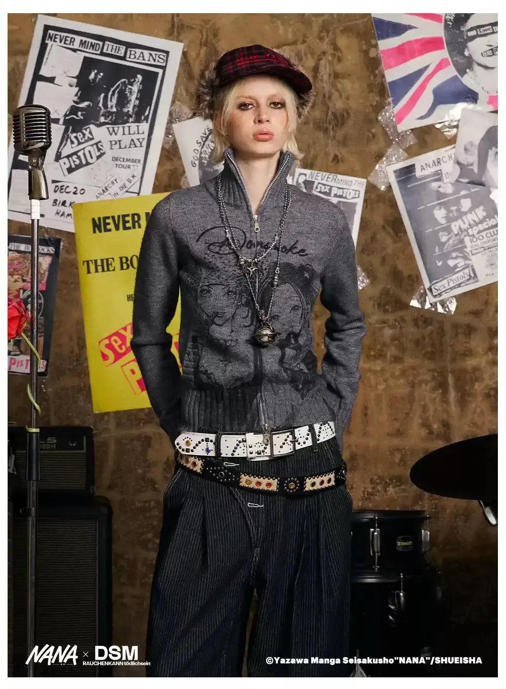 Stand Collar Graphic Print Zipped Sweater Korean Street Fashion Sweater By Donsmoke Shop Online at OH Vault