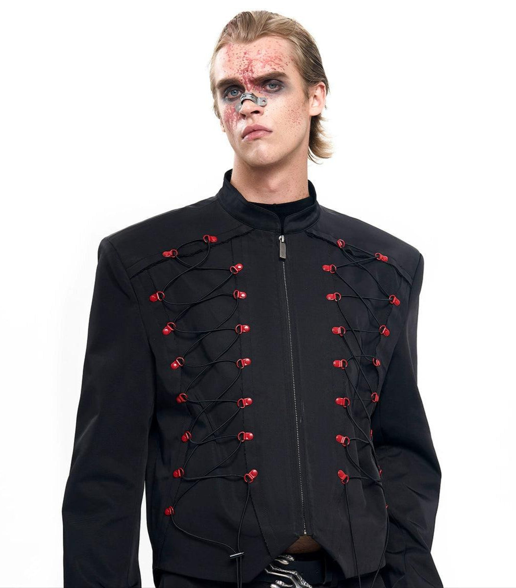 Stand Collar Lace String Zip Up Jacket Korean Street Fashion Jacket By Slim Black Shop Online at OH Vault