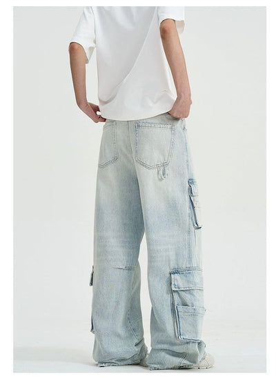 Light Wash Double Pocket Cargo Jeans Korean Street Fashion Jeans By A PUEE Shop Online at OH Vault