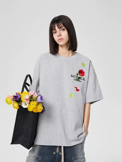 Stitched Rose Loose T-Shirt Korean Street Fashion T-Shirt By A Chock Shop Online at OH Vault