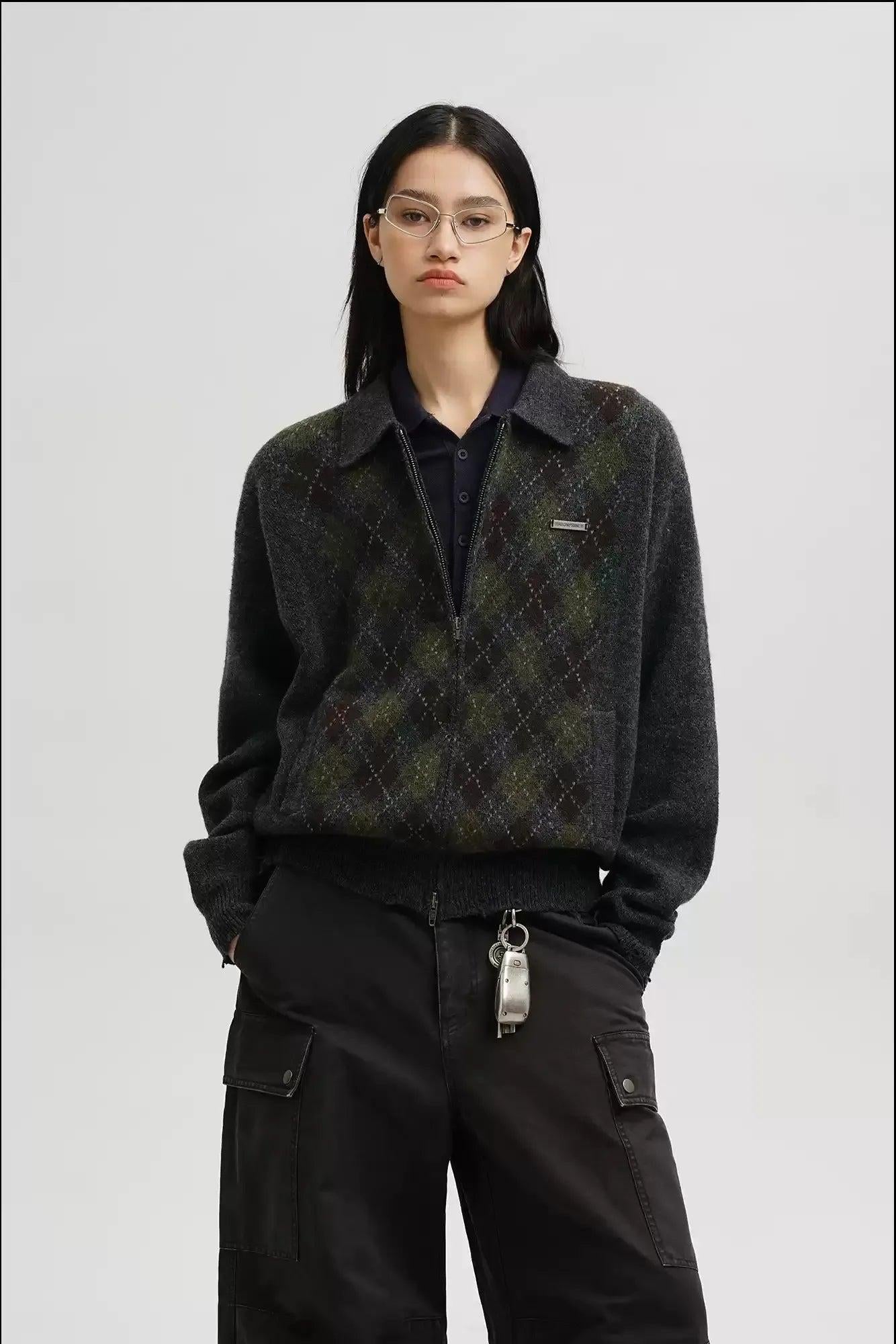 Argyle Double Zipped/V-Neck Sweater Korean Street Fashion Sweater By Mason Prince Shop Online at OH Vault