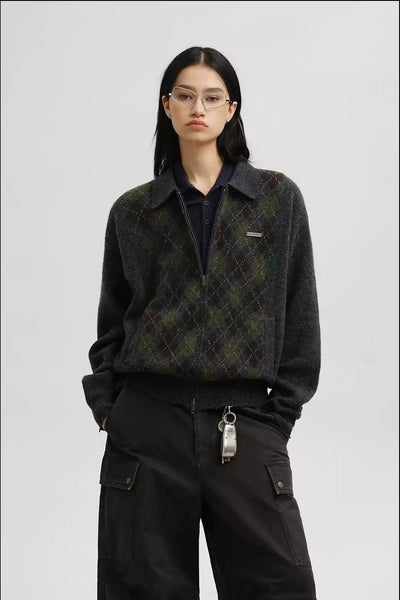 Argyle Double Zipped/V-Neck Sweater Korean Street Fashion Sweater By Mason Prince Shop Online at OH Vault