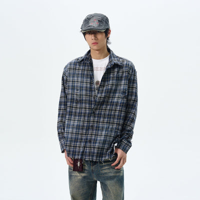 Ripped Raw Hem Plaid Shirt Korean Street Fashion Shirt By 77Flight Shop Online at OH Vault