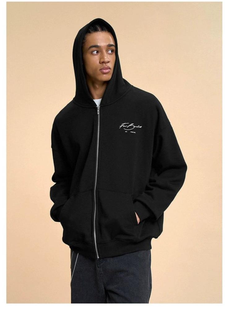 Cursive Logo Loose Fit Zip-Up Hoodie Korean Street Fashion Hoodie By Boneless Shop Online at OH Vault