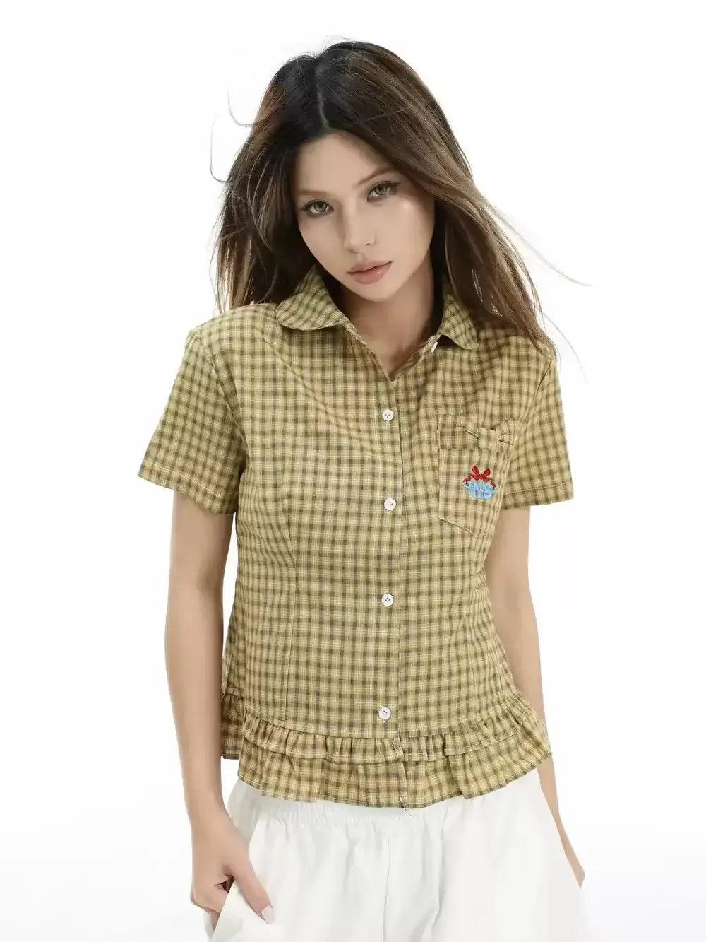 Checkered Ruffles End Shirt Korean Street Fashion Shirt By INS Korea Shop Online at OH Vault