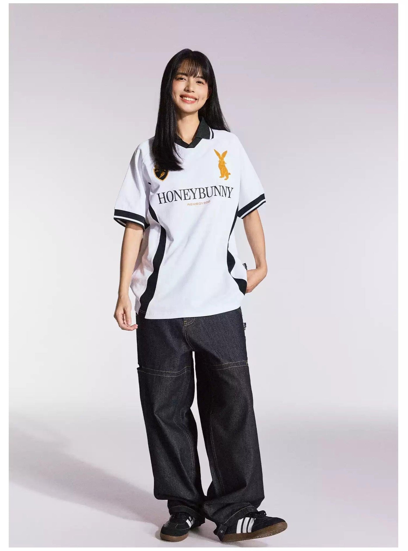 Embroidered Logo Print V-Neck Polo Korean Street Fashion Polo By Remedy Shop Online at OH Vault