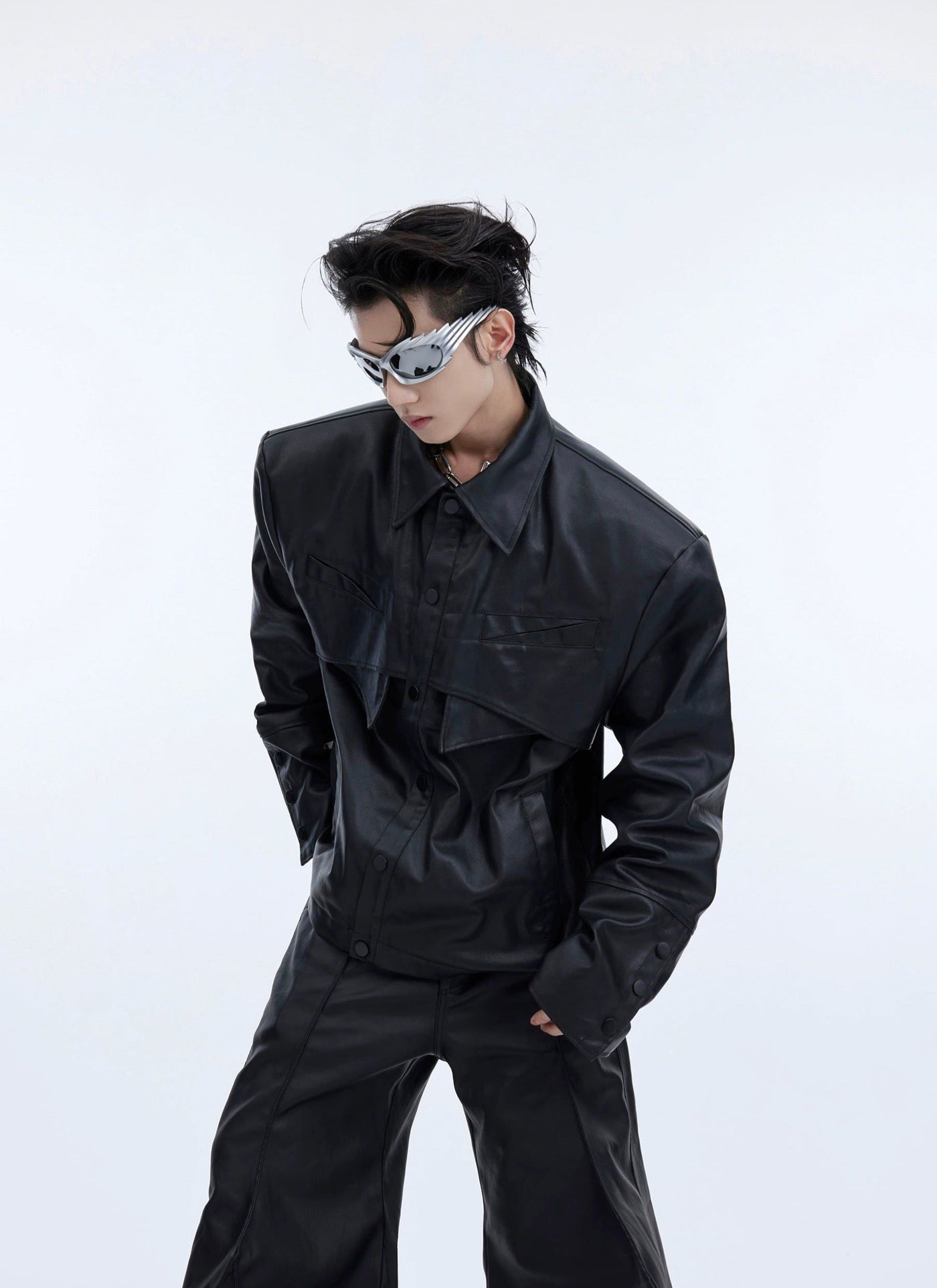 Structured Pocket Leather Jacket & Pants Set Korean Street Fashion Clothing Set By Argue Culture Shop Online at OH Vault