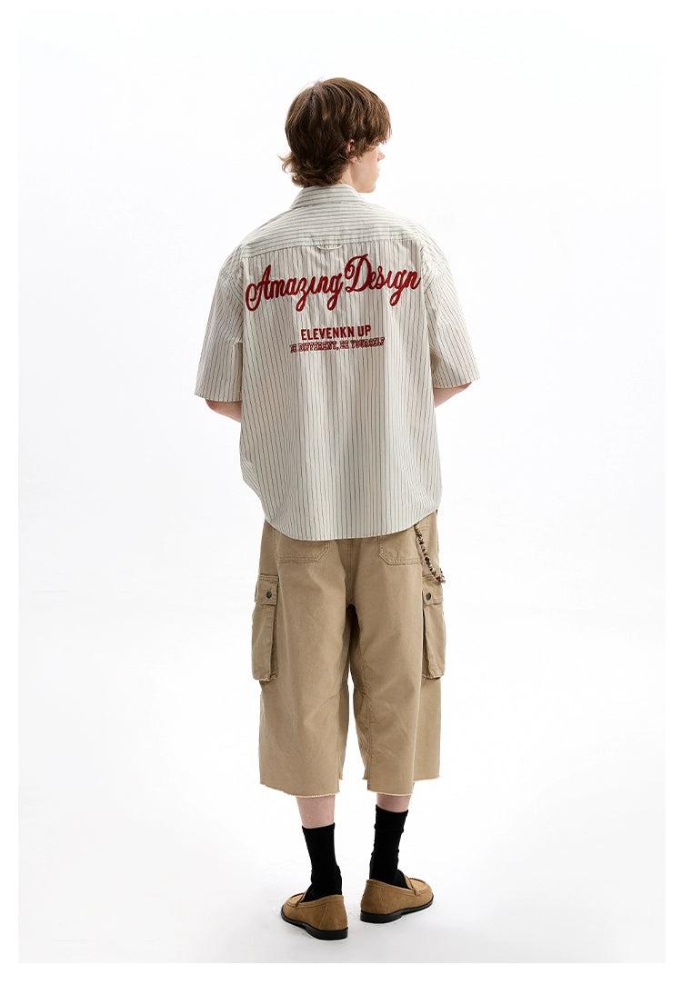 Embroidered Pocket Striped Shirt Korean Street Fashion Shirt By A PUEE Shop Online at OH Vault