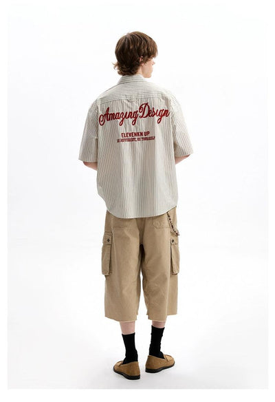 Embroidered Pocket Striped Shirt Korean Street Fashion Shirt By A PUEE Shop Online at OH Vault
