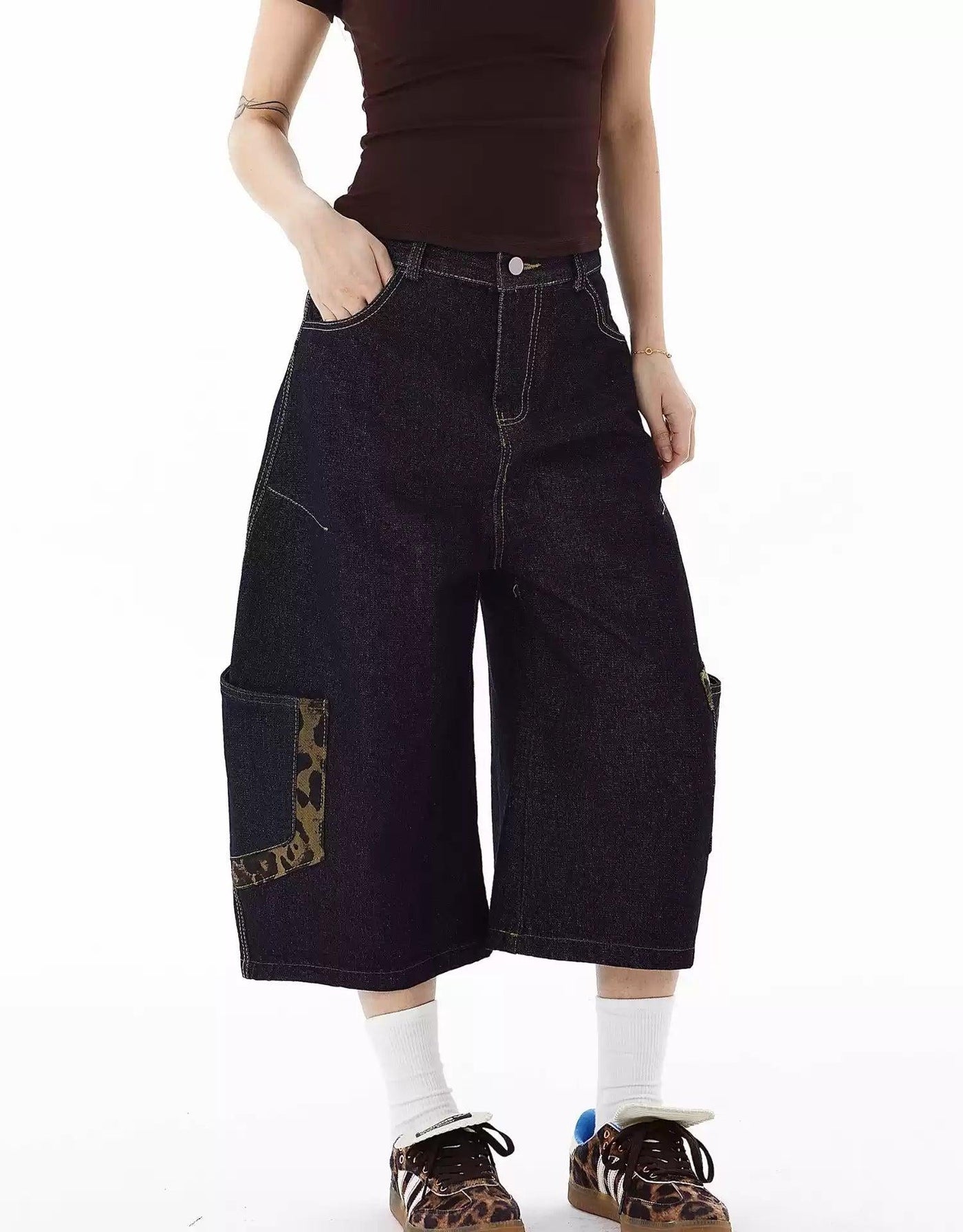 Leopard Detail Pocket Cargo Denim Shorts Korean Street Fashion Shorts By Blacklists Shop Online at OH Vault