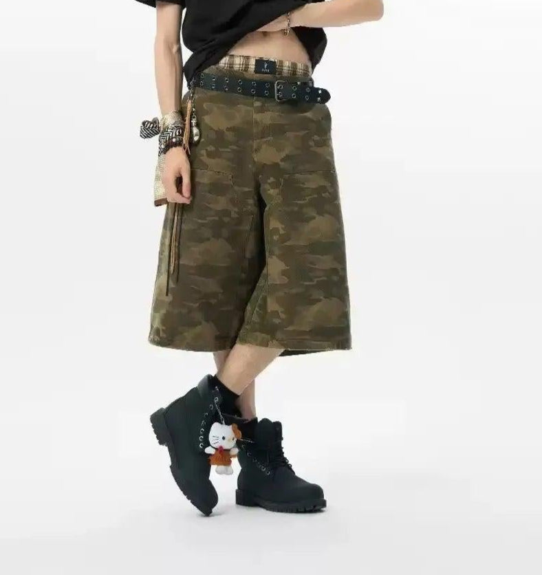 Camouflage Wide Denim Shorts Korean Street Fashion Shorts By JHYQ Shop Online at OH Vault